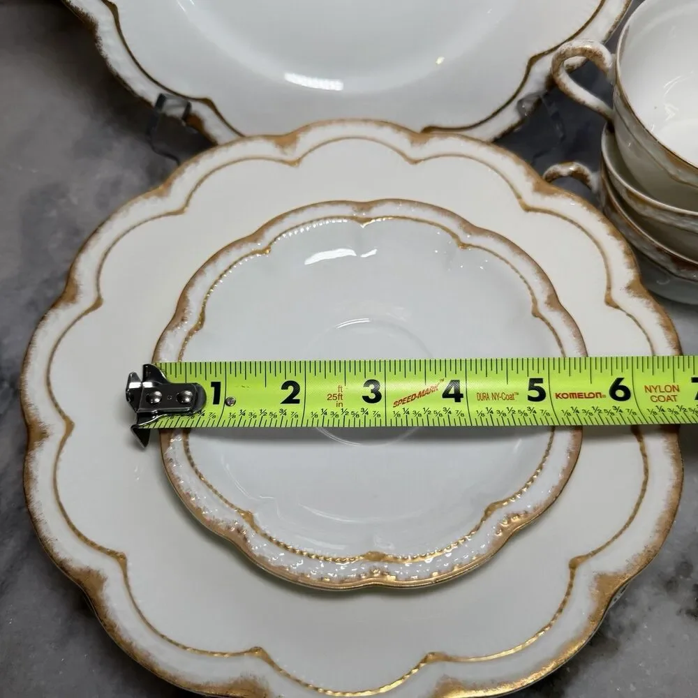 Antique Haviland Limoges Gold Dusted Rim Scalloped Plate Saucers Cups For 4 Set